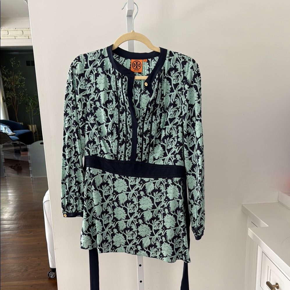 Tory Burch Mint And Navy Floral Long-Sleeve Tunic